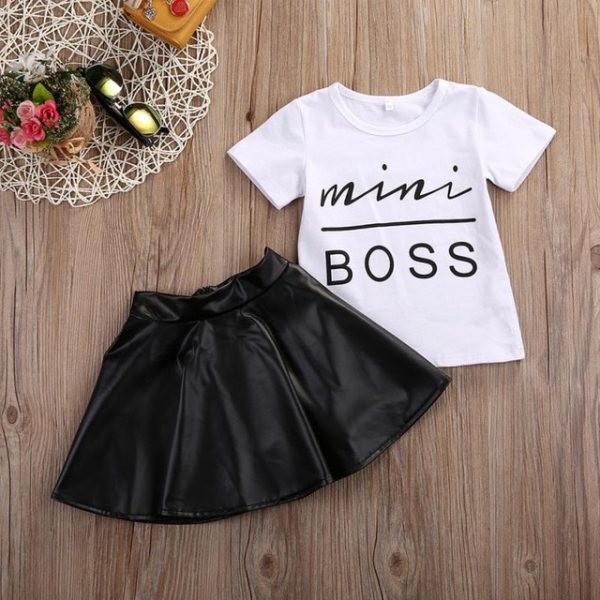 2PCS Toddler Kids Girl Clothes Set Summer Short Sleeve Mini Boss T-shirt Tops + Leather Skirt Outfit Child Suit New - Image 7