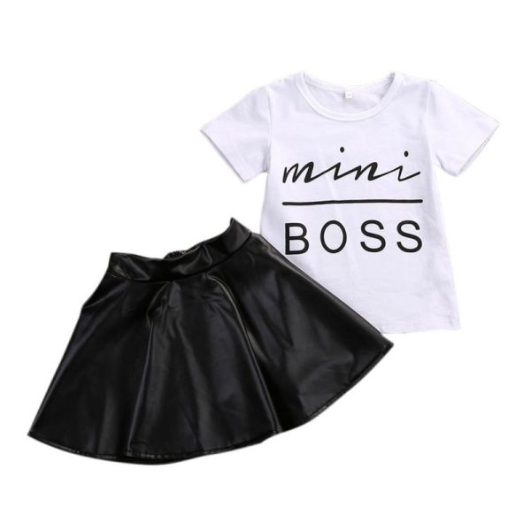 2PCS Toddler Kids Girl Clothes Set Summer Short Sleeve Mini Boss T-shirt Tops + Leather Skirt Outfit Child Suit New - Image 3