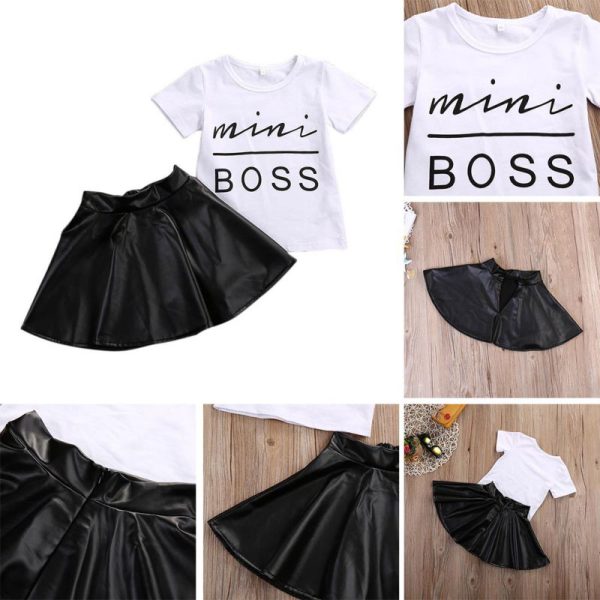 2PCS Toddler Kids Girl Clothes Set Summer Short Sleeve Mini Boss T-shirt Tops + Leather Skirt Outfit Child Suit New - Image 2